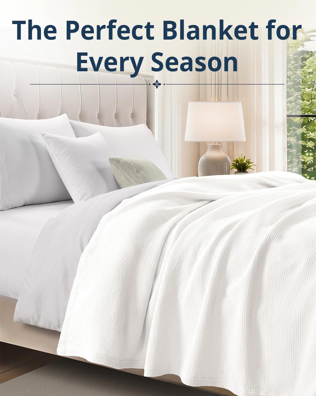 LANE LINEN Blankets Queen Size, 100% Cotton 300 GSM Waffle Textured - White