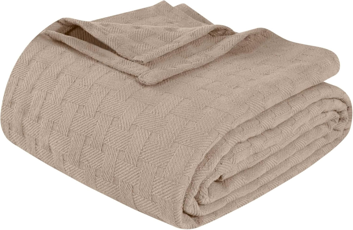 Superior Basketweave Cotton Blanket, Basket Weave Design, Soft, Comfy Cover for Bed, Bedding, Bedroom, Couch Throw, Lounging, Modern Boho Medium Weighted Blankets, Twin Size, Taupe
