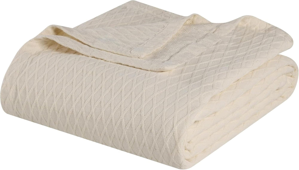 Superior Diamond Weave All-Season Cotton Blanket, Cover for Home, Couch, Bed, Soft, Warm Blankets, Boho Aesthetic, Comfy, Cozy, and Cute Covers, Decorative Bedding Essentials, Full/Queen, Ivory
