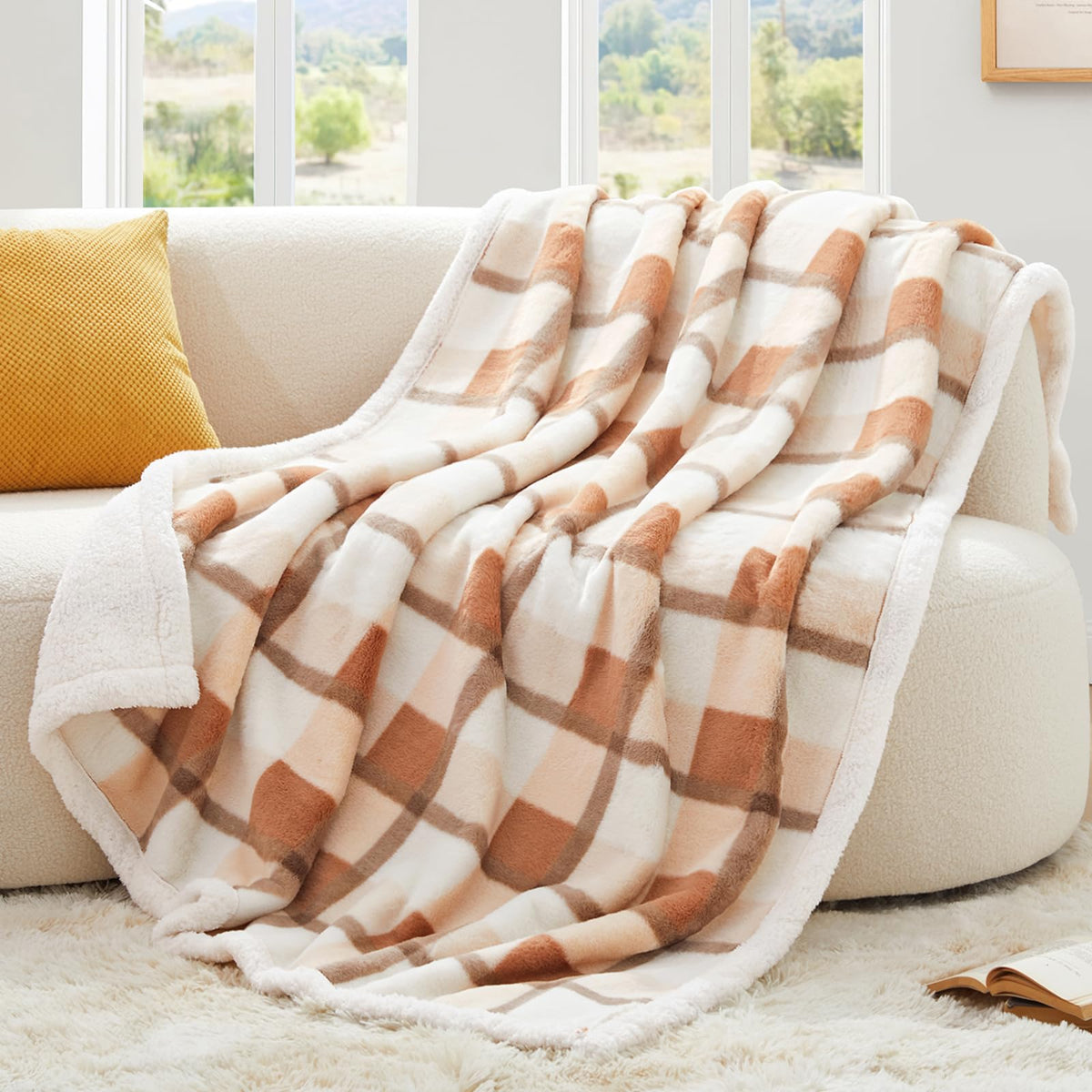 PU MEI Sherpa Fleece Throw Blanket 60" x 80" Reversible Plush Fluffy Large Big Blanket Lattice Flannel Blankets for Sofa Couch Bed (Grey-Soft Blue, 60"*80")