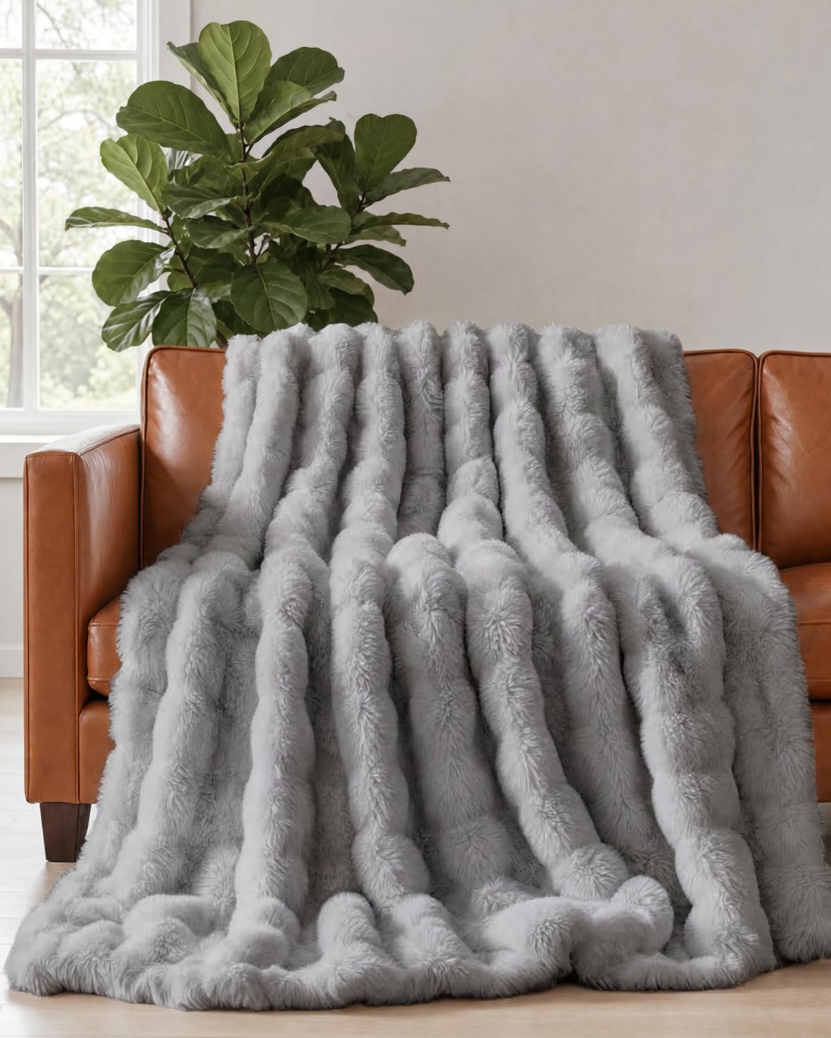 Faux Fur Throw Blanket - Throw Size Bubble Blanket - 50" x 60", Grey