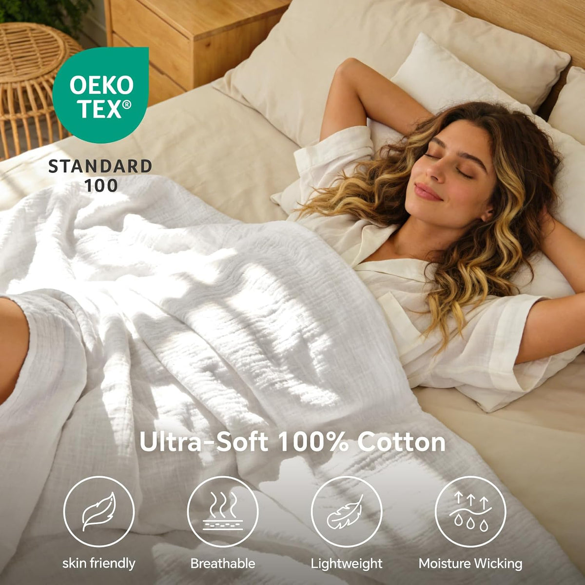 BEDELITE 100% Cotton Muslin Blanket for Adults, Breathable, White, 50"x70"