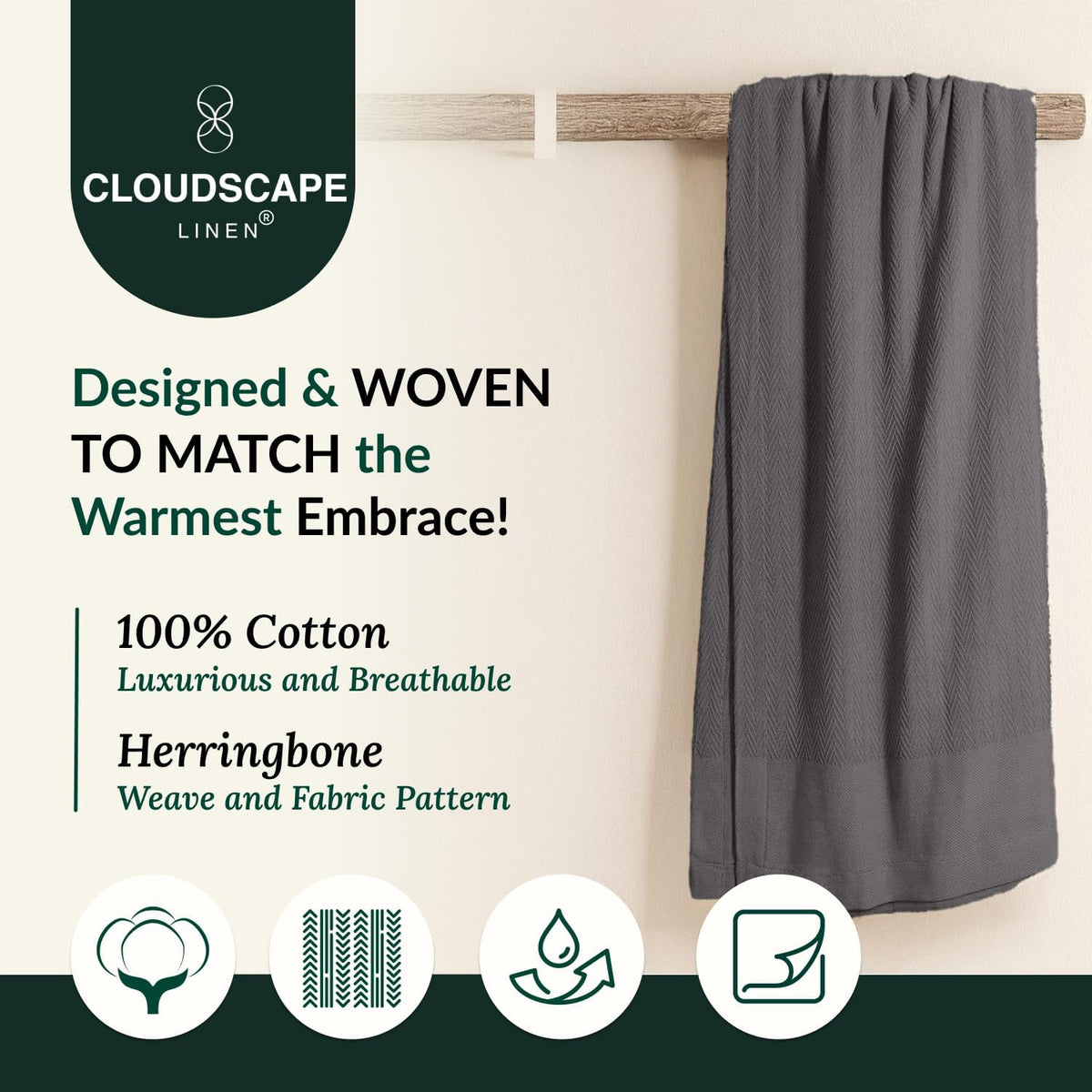 CSL Cotton Blanket King, Cooling Summer Blanket, Durable,108"x92",Dark Grey