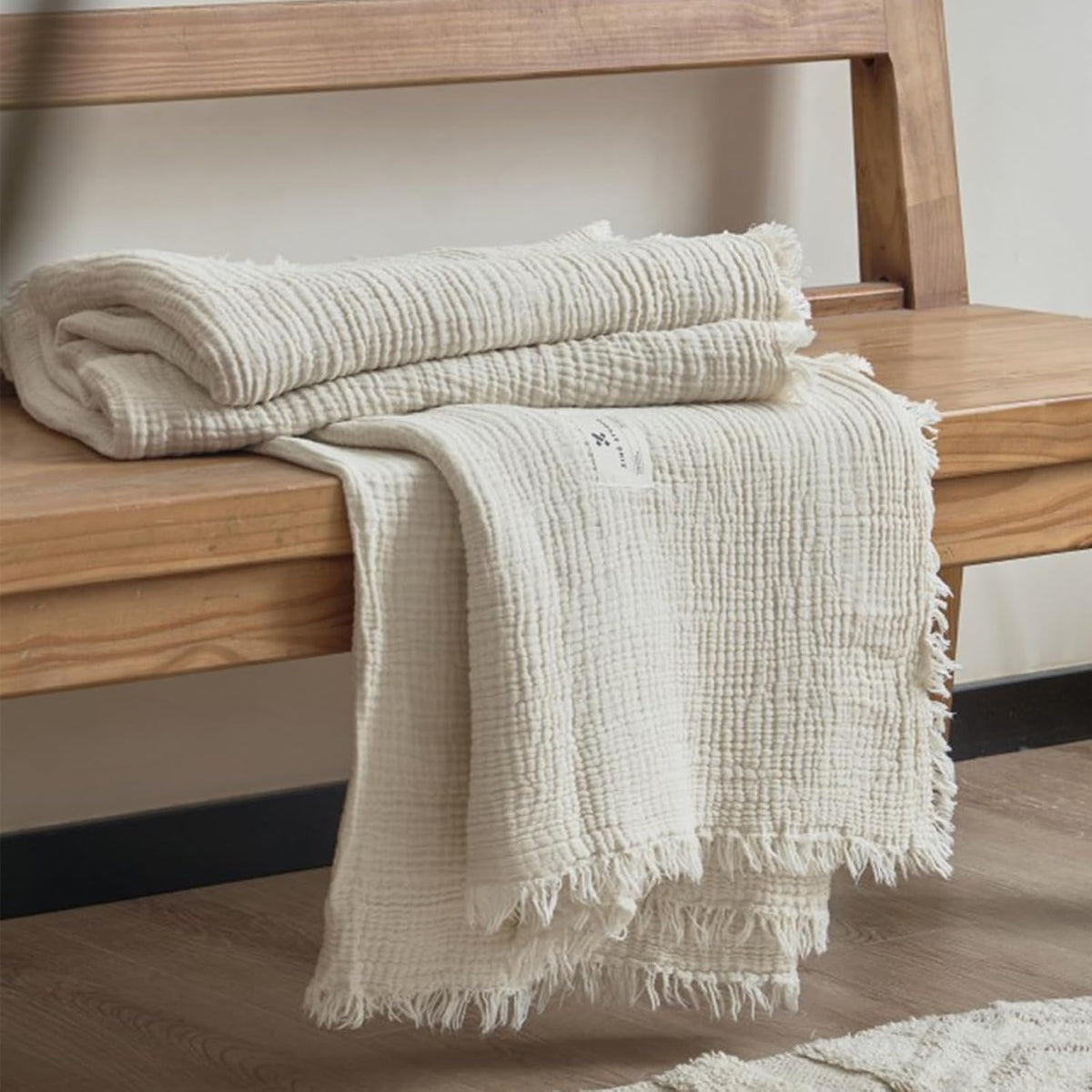 MorroMorn 100% Cotton Muslin Throw Blanket with Fringes 50"x60", 4-Layer Cotton Gauze Blankets for Adults, Boho Bedding Breathable Lightweight Ultra-Soft for Couch Bed Sofa All Seasons, Linen Beige