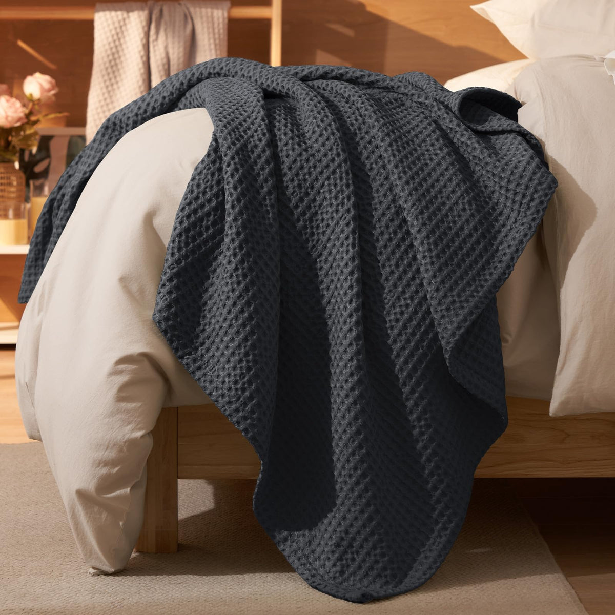 PHF Ultra Soft Waffle Weave Blanket for Bed, Queen Size, Light Khaki/Linen