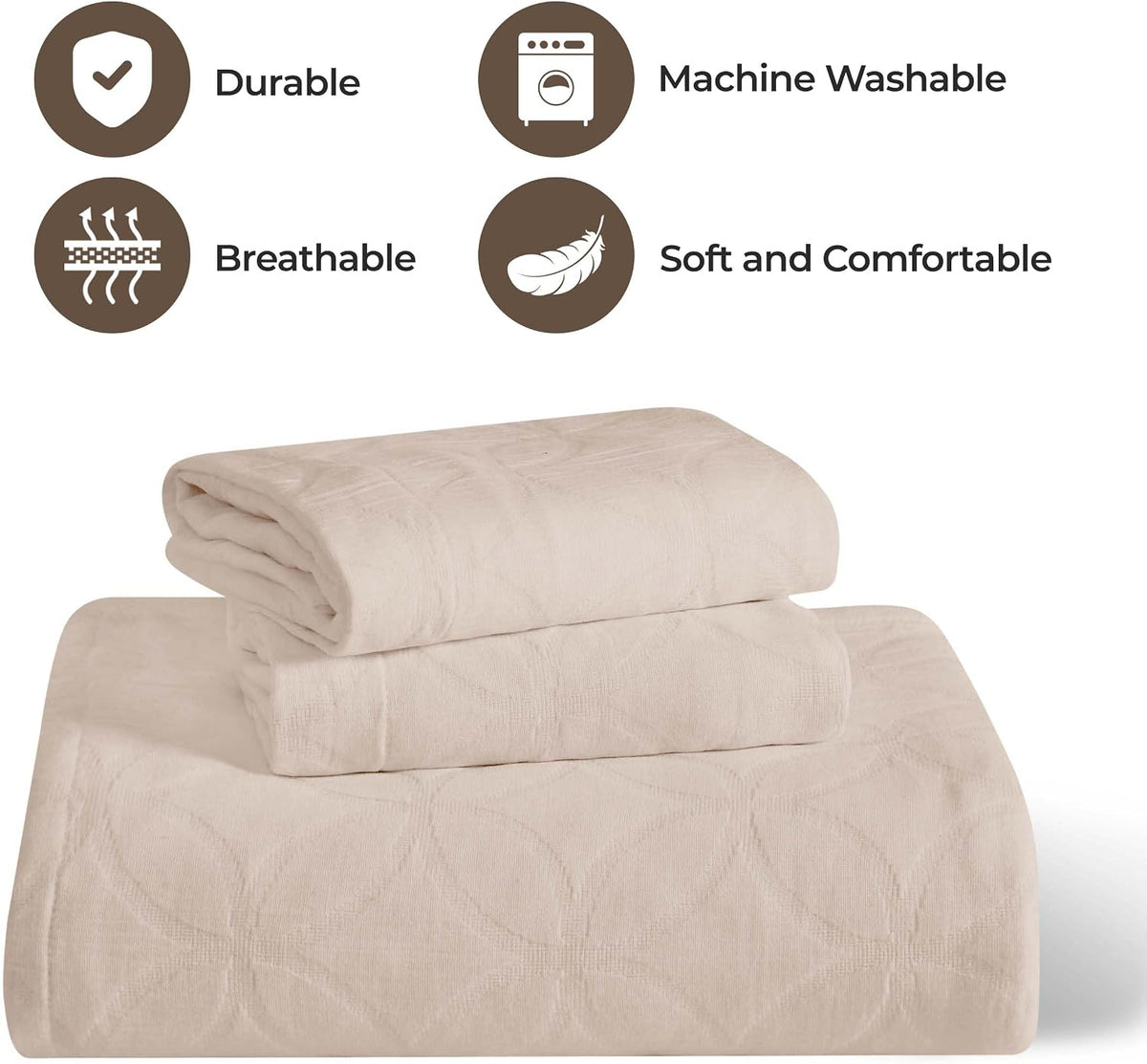SUPERIOR Cotton 3-Piece Bedspread Set, 1 Medium Weight Bedspread, 2 Pillow Shams, Home Bed Decor, Warm Bedding, Matelasse Woven Oversized Blanket, Geometric Circles, Serenity Collection, King, Linen