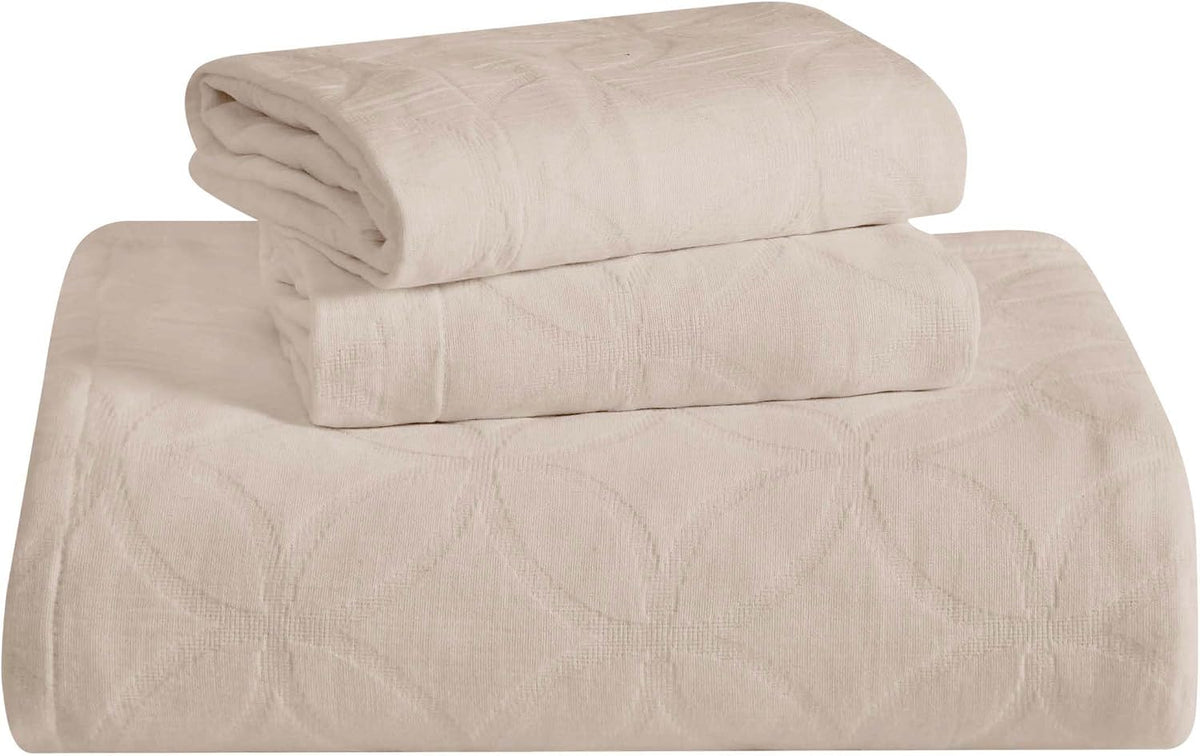 SUPERIOR Cotton 3-Piece Bedspread Set, 1 Medium Weight Bedspread, 2 Pillow Shams, Home Bed Decor, Warm Bedding, Matelasse Woven Oversized Blanket, Geometric Circles, Serenity Collection, King, Linen