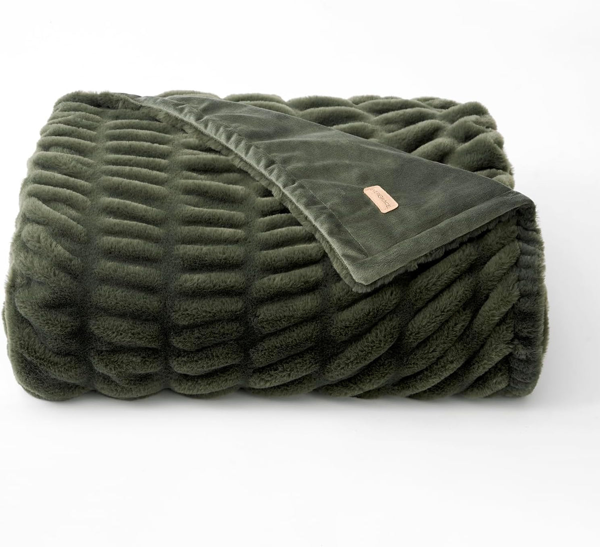 EverGrace Ruched Bubble Faux Rabbit Fur Throw Blanket, 60"x80", Loden Green