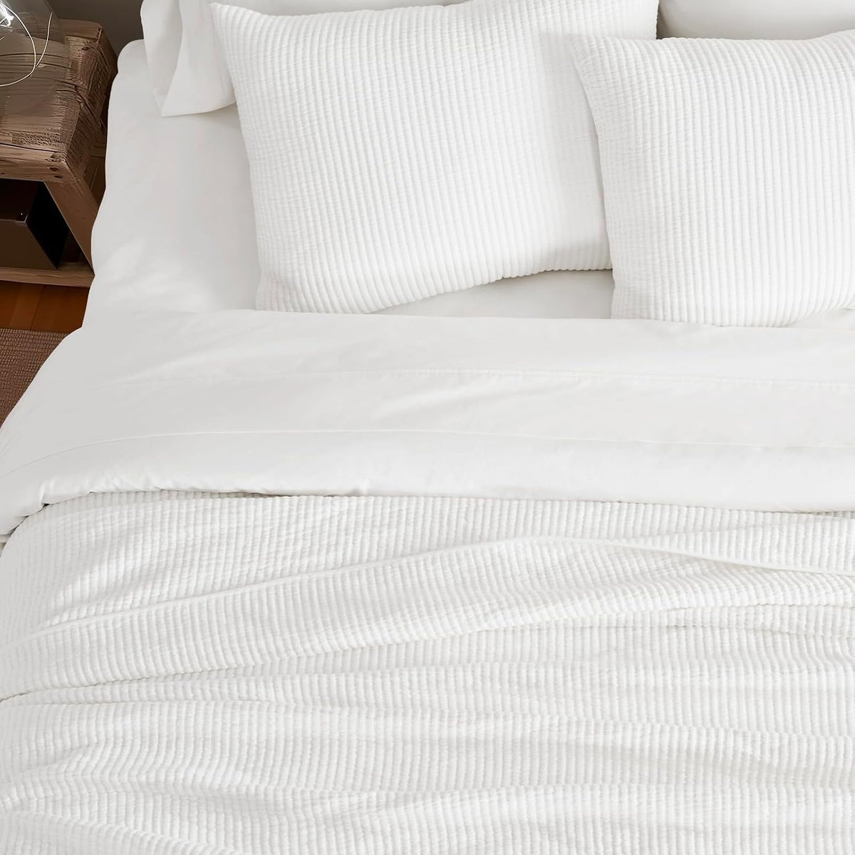 EVERGRACEHOME Cotton Ribbed Matelassé Coverlet Set, Queen Size, Ivory White
