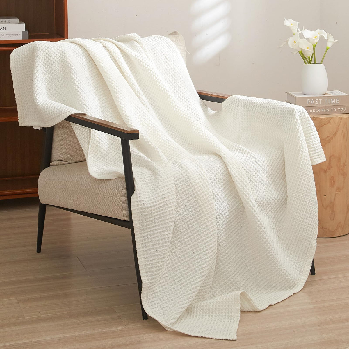 PHF 100% Cotton Waffle Blanket Lightweight Breathable, Queen Linen/Stone