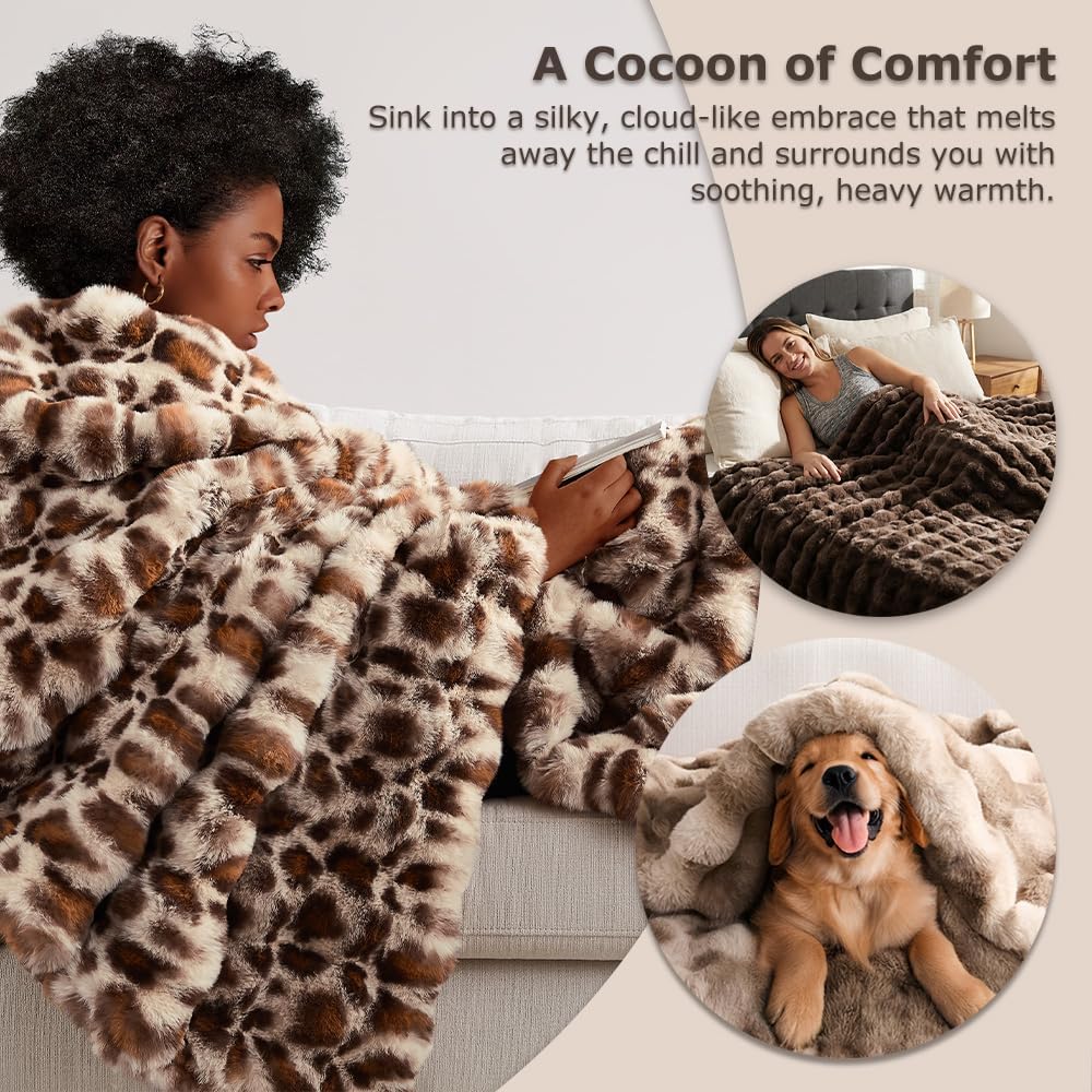 WDCOZY Cheetah Leopard Print Bubble Throw Blanket, Luxury Faux Rabbit Fur Mink Plush Throw for Couch, Sofa and Bed, Soft Fluffy Fuzzy Cozy Blanket for Women, 50x60 inches, Chocolate Brown, 950 GSM