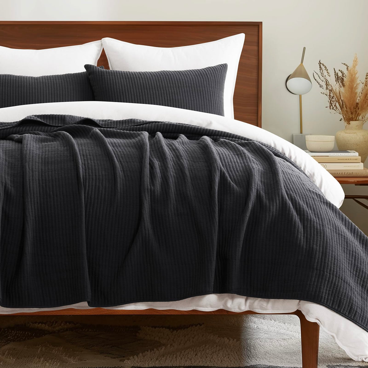 EVERGRACEHOME Cotton Ribbed Matelassé Coverlet Set, Queen Size, Ivory White