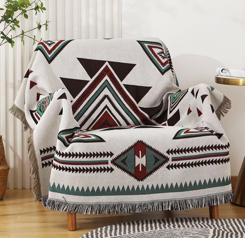 Luxlovery Aztec Sofa Throw Blankets Blue Ethnic Woven Boho Dusty Blue Color Bohemian Woven Throw Blanket for Couch Aztec Bed Throws Oversized Chair Sofa Cover with Tassels(63"x102")