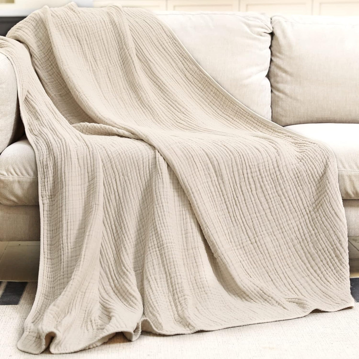 Yoofoss Muslin Blanket 100% Organic Cotton Large Twin Size 60" x 80" for Bed Couch Summer Gauze Blanket for Adults Lightweight and Breathable Apricot White