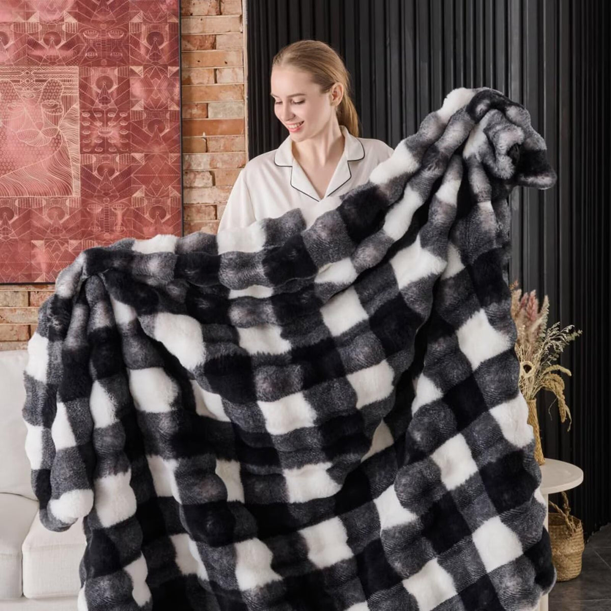 760GSM Faux Rabbit Faux Fur Throw Blanket,Super Thick Warm Bubble Blanket Throw,Fuzzy Luxury Plush Decorative Blanket for Couch Bed Sofa(Leopard Brown,50''x 60'')