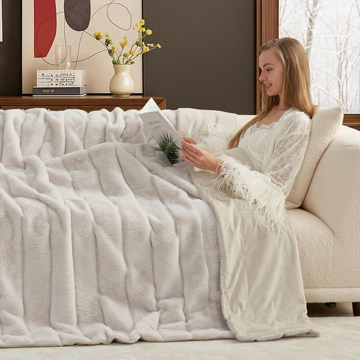Cozy Bliss Deluxe Sheared Rabbit Faux Fur Throw Blanket, Soft Fuzzy High-Low Sculpted Plush Blanket for Couch, Cozy Home Accent, All Season Use, Beige 50"x60"