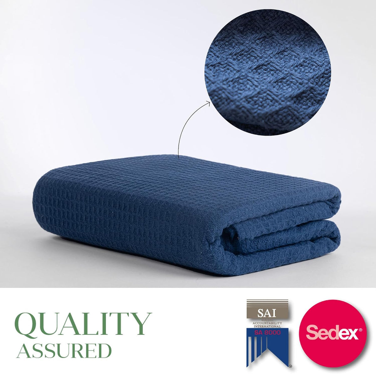Salt Earth 106" x 92", King 100% Cotton Waffle Weave Blanket for Bed (Navy)