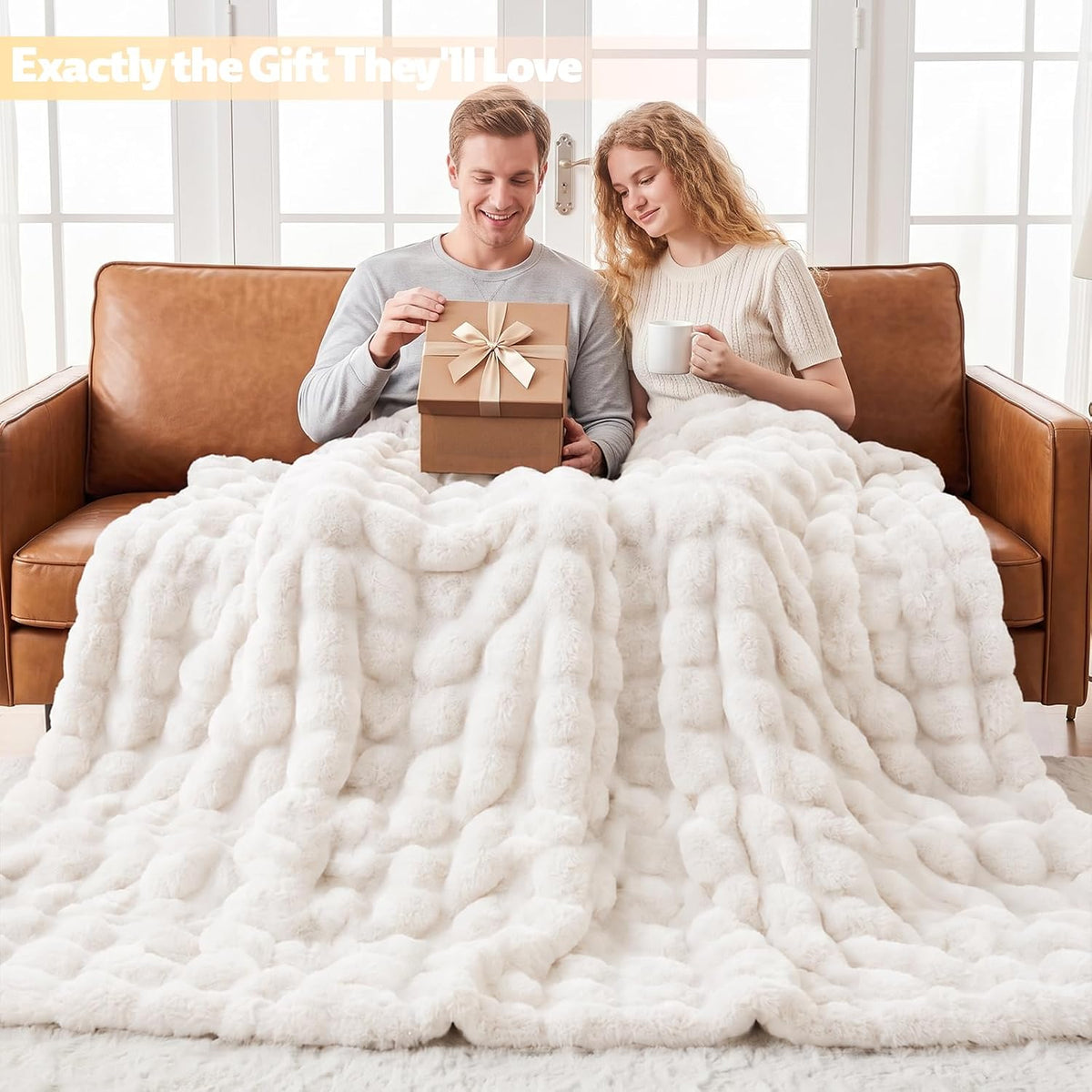 Faux Fur Throw Blanket for Couch, Luxury Cozy Soft Fluffy and Fuzzy Plush Rabbit Fur Bubble Blanket for Sofa Bedroom Living Room, Mothers Day Birthday Gifts for Women