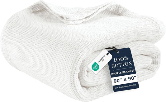 LANE LINEN Blankets Queen Size, 100% Cotton 300 GSM Waffle Textured - White