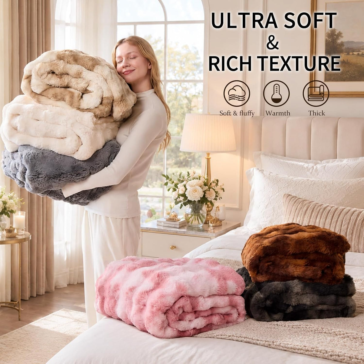 IKALIFE Cozy Bubble Faux Fur Throw Blanket for Couch, 50x60 Cream