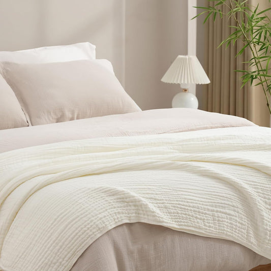 PHF Cooling Muslin Blanket King Size 104"x80", 6-Layer Lightweight Gauze Blanket Made from 35% Rayon Derived from Bamboo & 65% Cotton, Breathable & Ultra Soft Cozy for Hot Sleepers, Cream White