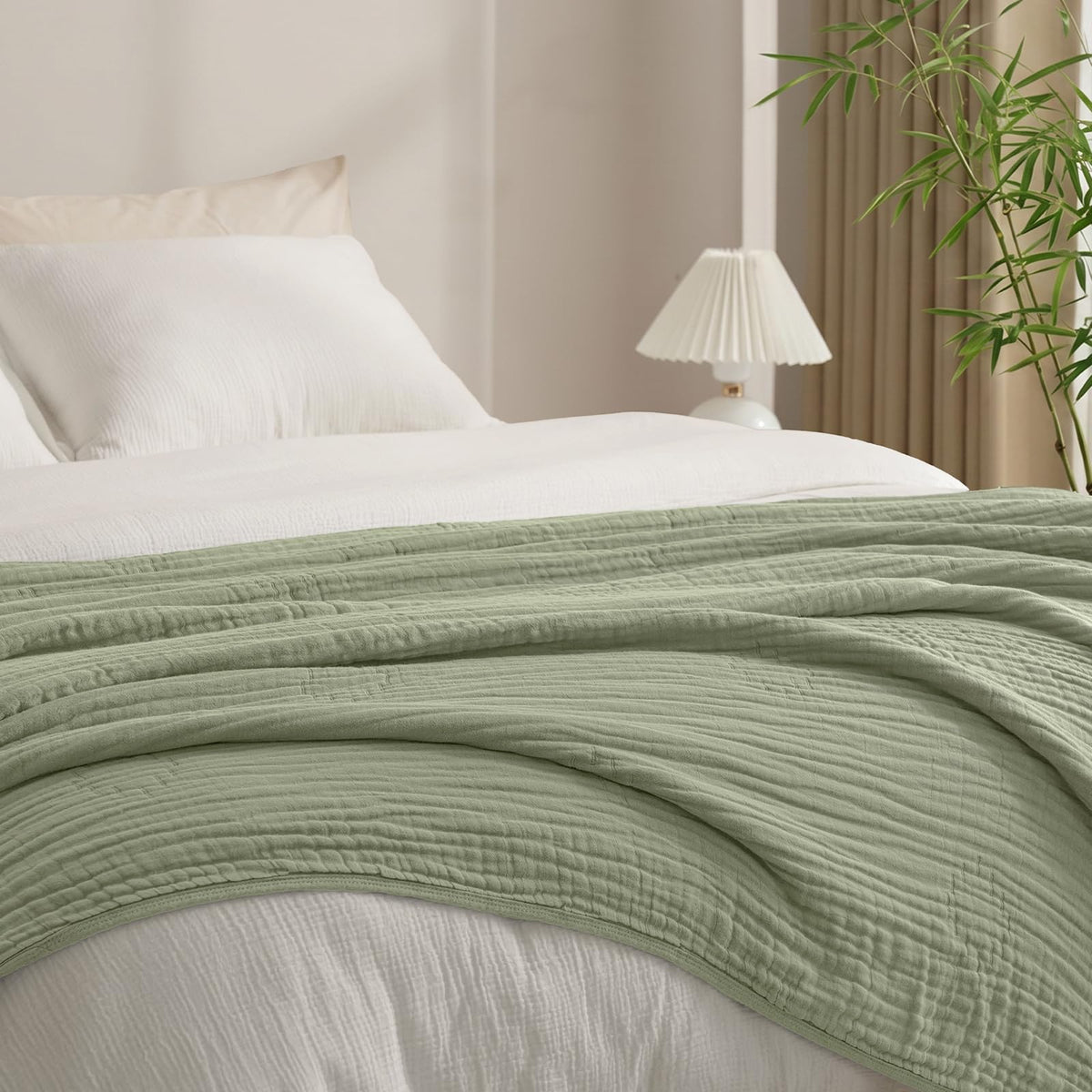 PHF Cooling Muslin Blanket King Size 104"x80", 6-Layer Lightweight Gauze Blanket Made from 35% Rayon Derived from Bamboo & 65% Cotton, Breathable & Ultra Soft Cozy for Hot Sleepers, Cream White