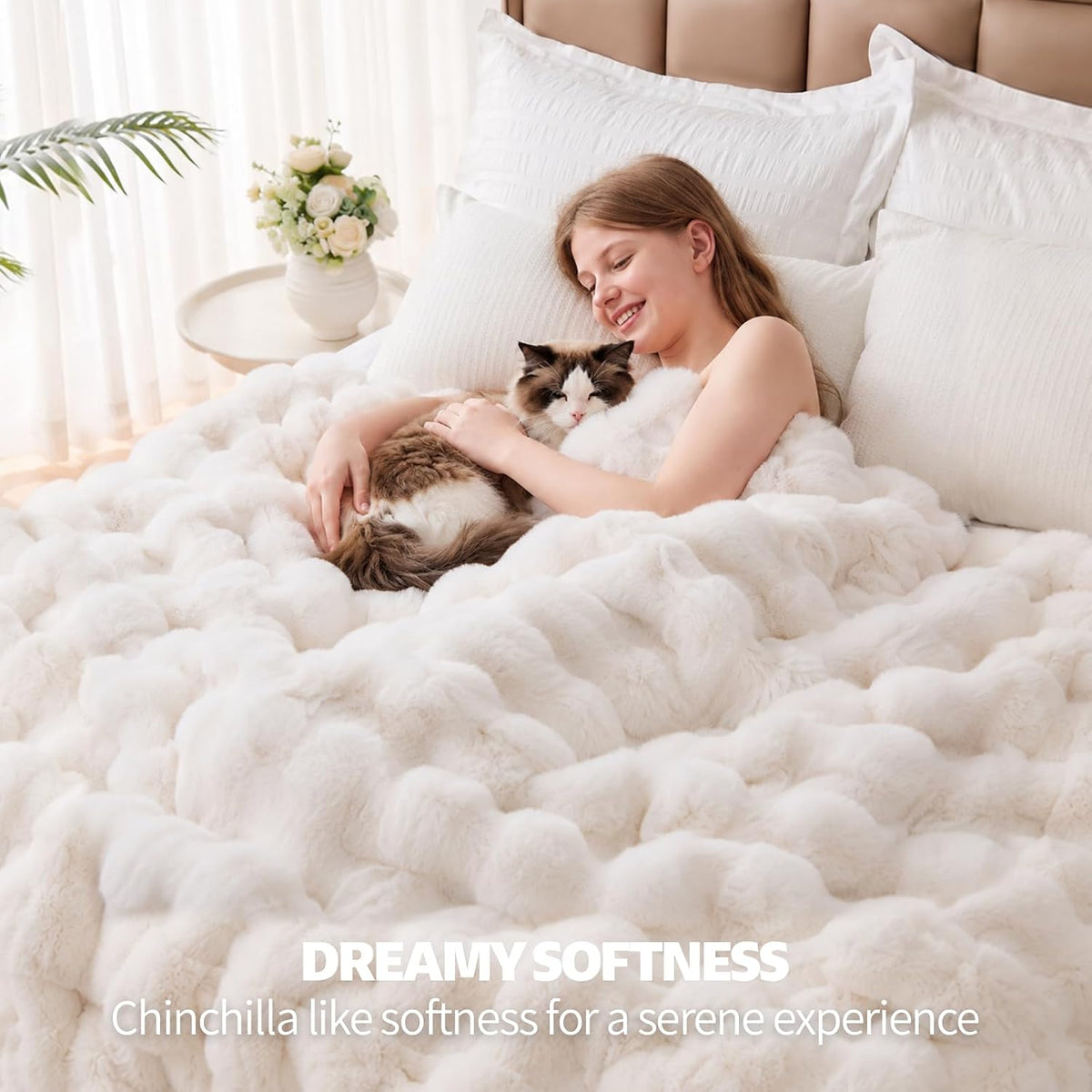Faux Fur Throw Blanket for Couch, Luxury Cozy Soft Fluffy and Fuzzy Plush Rabbit Fur Bubble Blanket for Sofa Bedroom Living Room, Mothers Day Birthday Gifts for Women