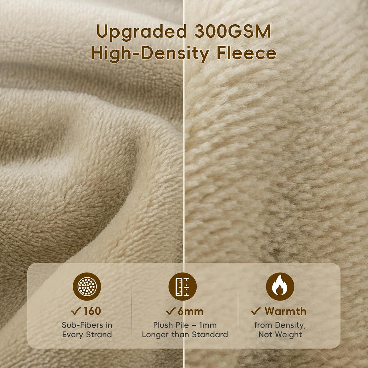 PHF Fleece Blanket Queen Size 90x90-300GSM Lightweight Airy Warmth, Khaki