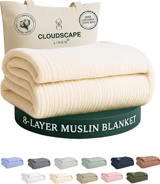 CLOUDSCAPE 8 Layer Muslin Blanket Queen Size, Gauze, Cotton 92"x92" - Ivory