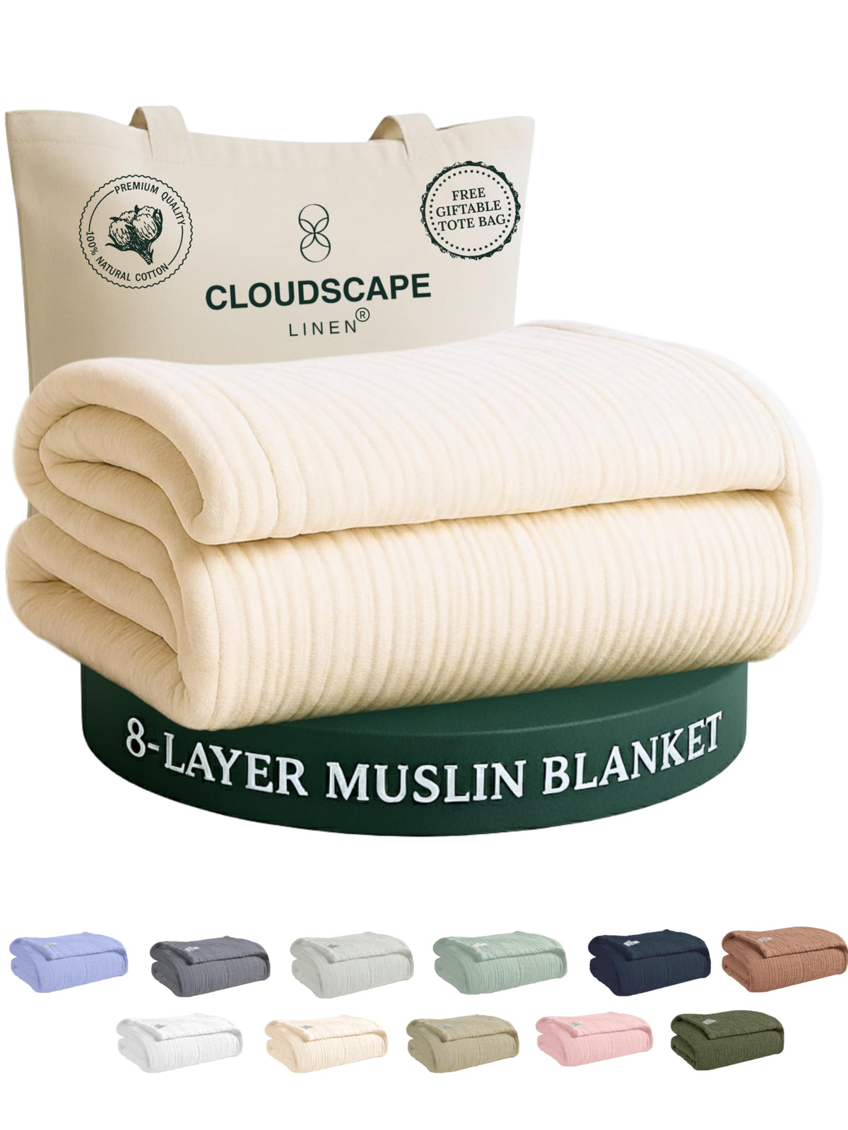CLOUDSCAPE 8 Layer Muslin Blanket Queen Size, Gauze, Cotton 92"x92" - Ivory