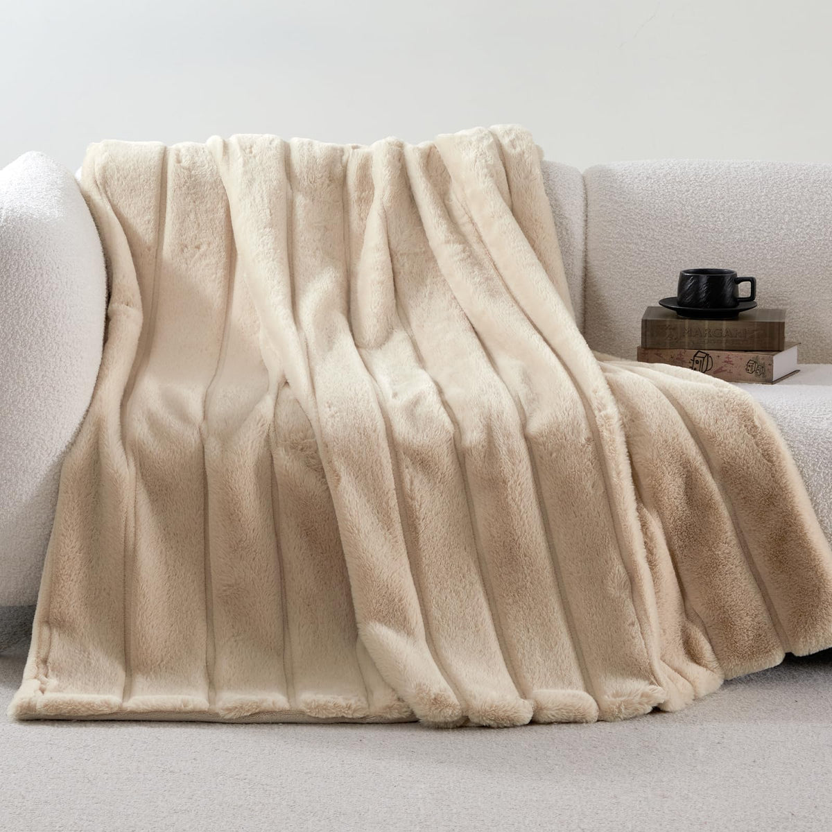 Cozy Bliss Deluxe Sheared Rabbit Faux Fur Throw Blanket, Soft Fuzzy High-Low Sculpted Plush Blanket for Couch, Cozy Home Accent, All Season Use, Grey 50"x60"