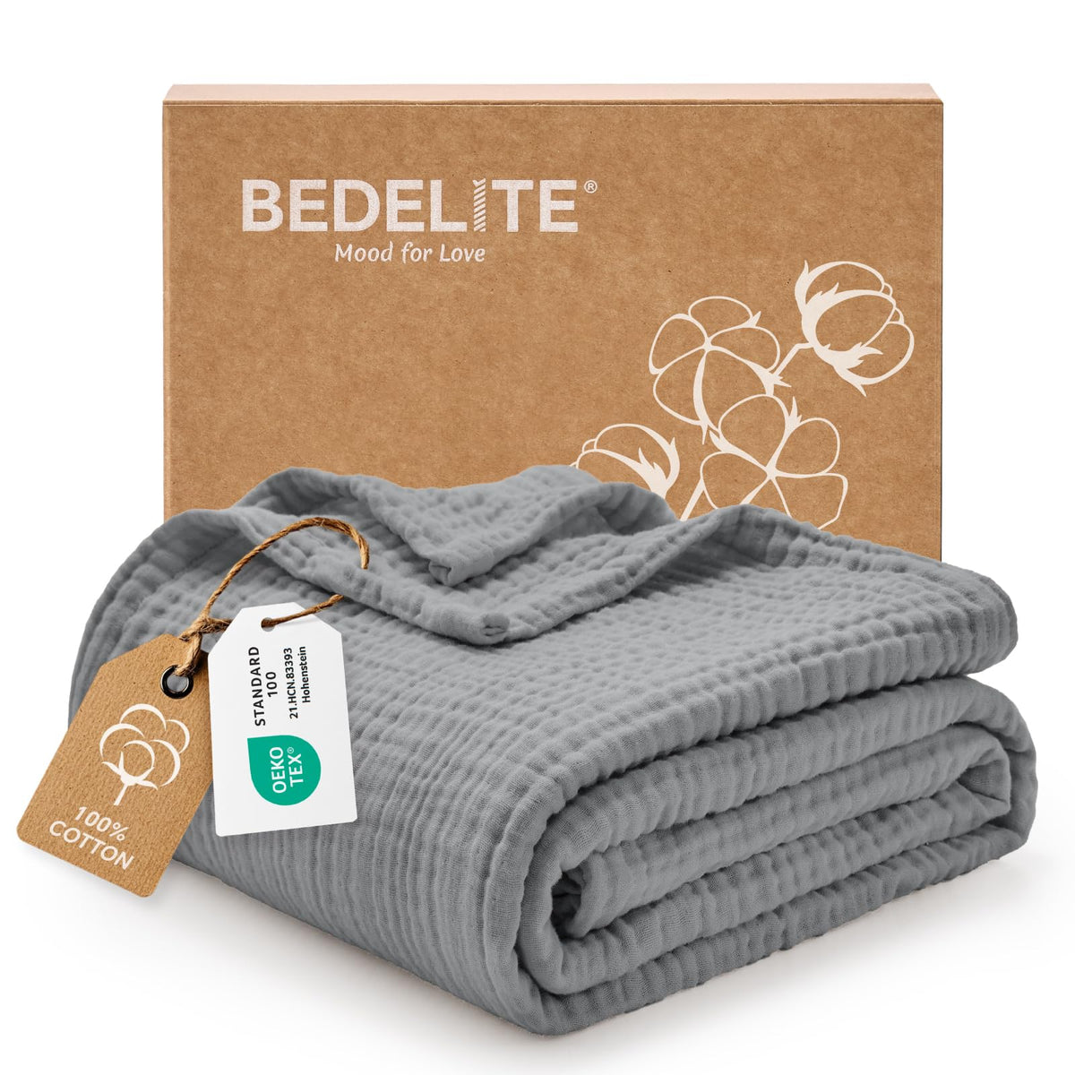 BEDELITE 100% Cotton Muslin Blanket for Adults, Breathable, White, 50"x70"