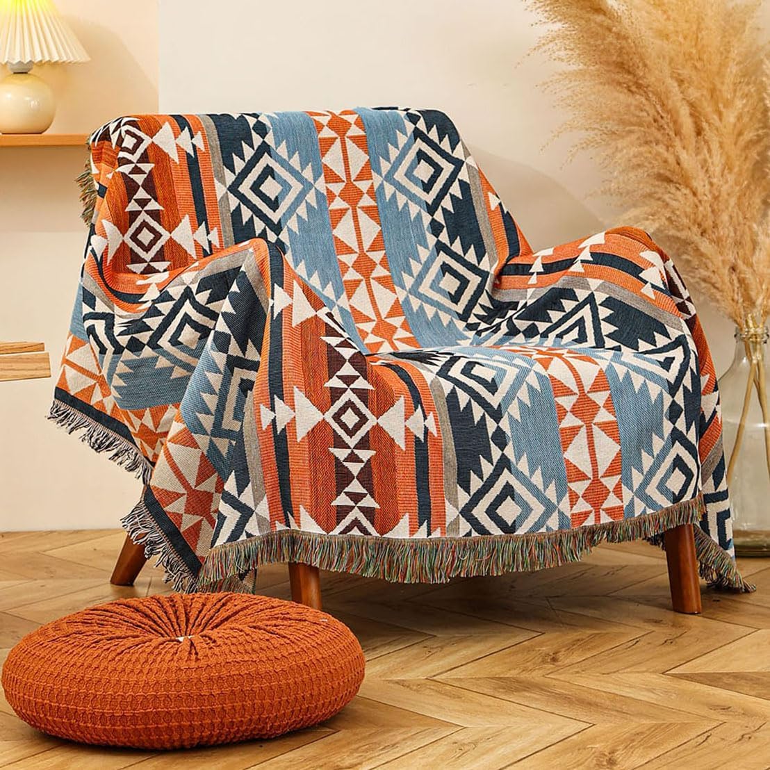 Luxlovery Aztec Sofa Throw Blankets Blue Ethnic Woven Boho Dusty Blue Color Bohemian Woven Throw Blanket for Couch Aztec Bed Throws Oversized Chair Sofa Cover with Tassels(63"x102")