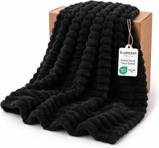 HIMEET Black Throw Blanket for Couch, 300GSM Ribbed Fleece, 50 x 60 Inches