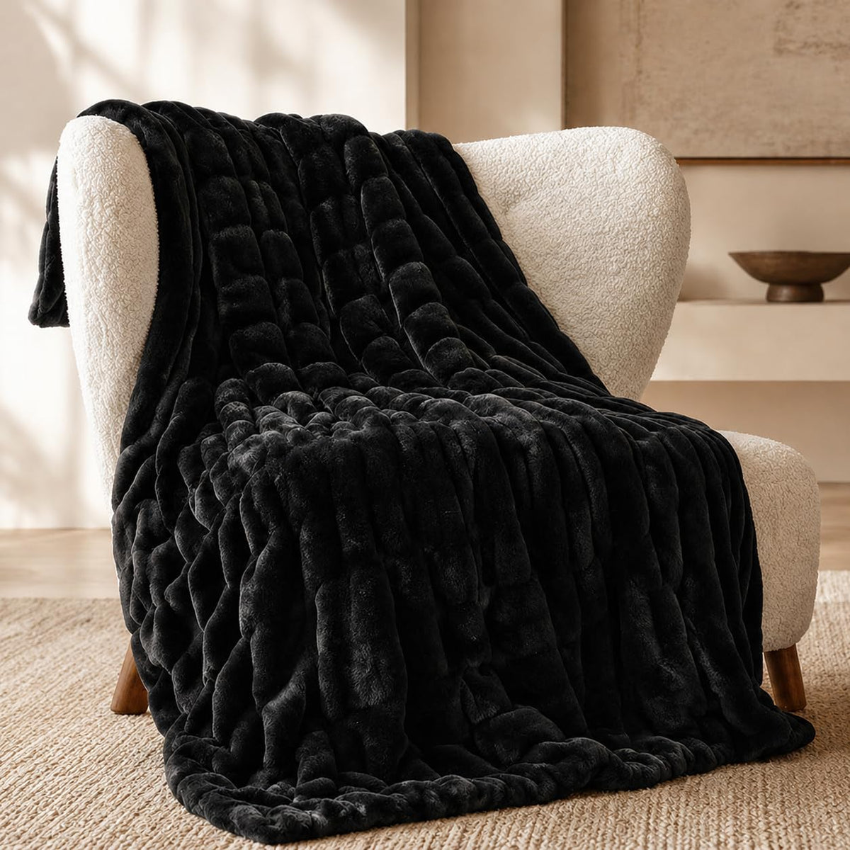 BATTILO Soft Ivory Faux Fur Throw Blanket for Couch, 50"x60", Double Side