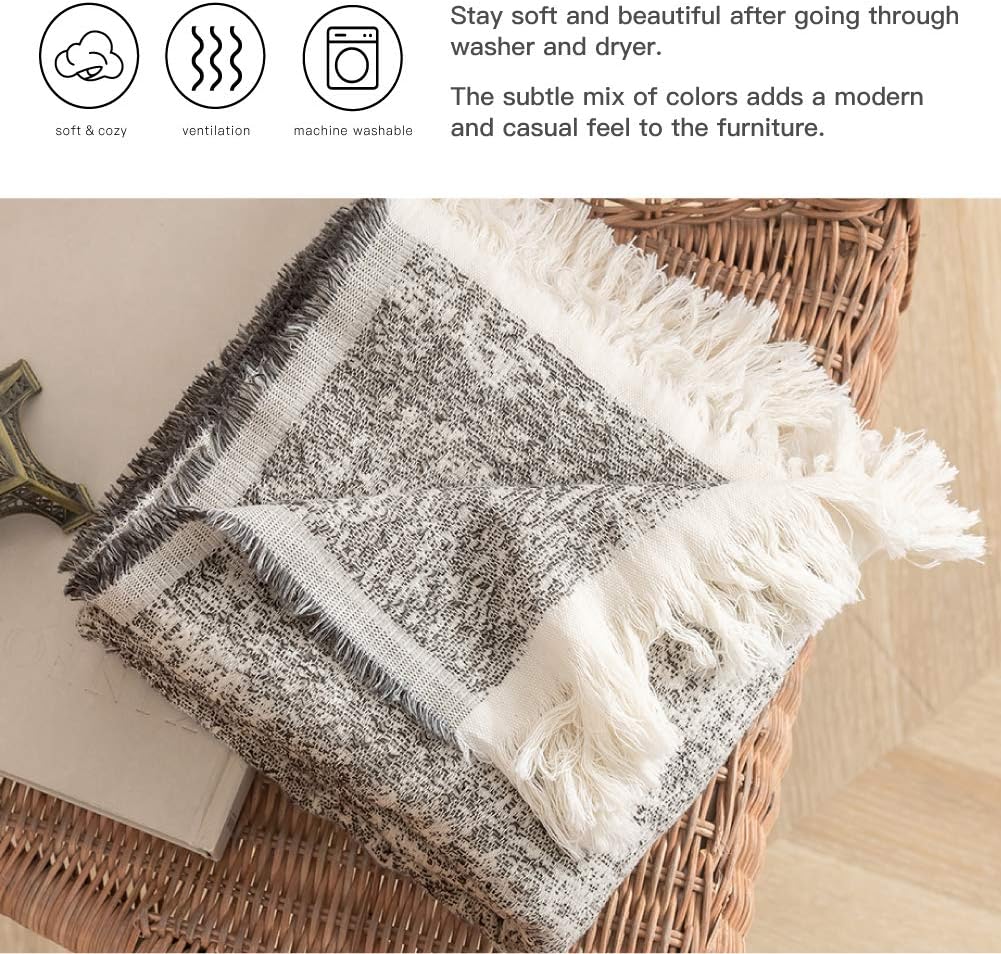 Simple&Opulence Cotton Fringed and Striped Throw Blanket for Bed, Couch,Knit Woven with Tassels Soft Lightweight Cozy Blanket Scarf Shawl Farmhouse Decoration for All-Season (Dark Grey)
