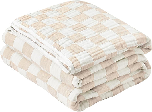 SANACYNA Cotton Muslin Throw Blanket for Adults 6-Layer Gauze Checkerboard