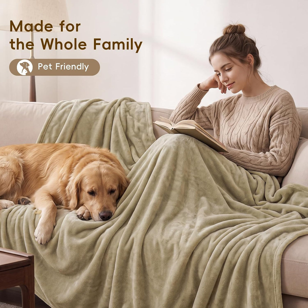 PHF Fleece Blanket Queen Size 90x90-300GSM Lightweight Airy Warmth, Khaki