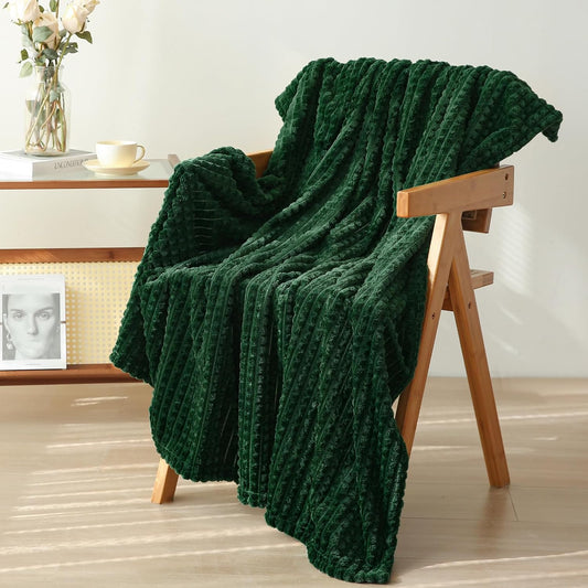 Puncuntex Fleece Throw Blanket Dark Green 50"×60" with Square Grid Design
