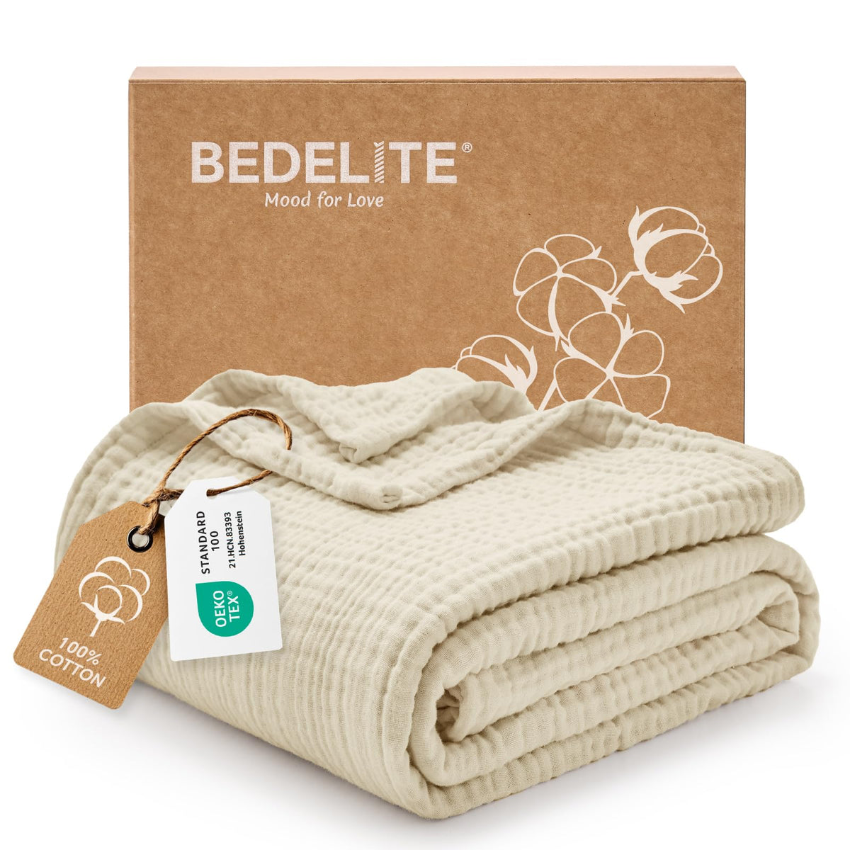 BEDELITE 100% Cotton Muslin Blanket for Adults, Breathable, White, 50"x70"