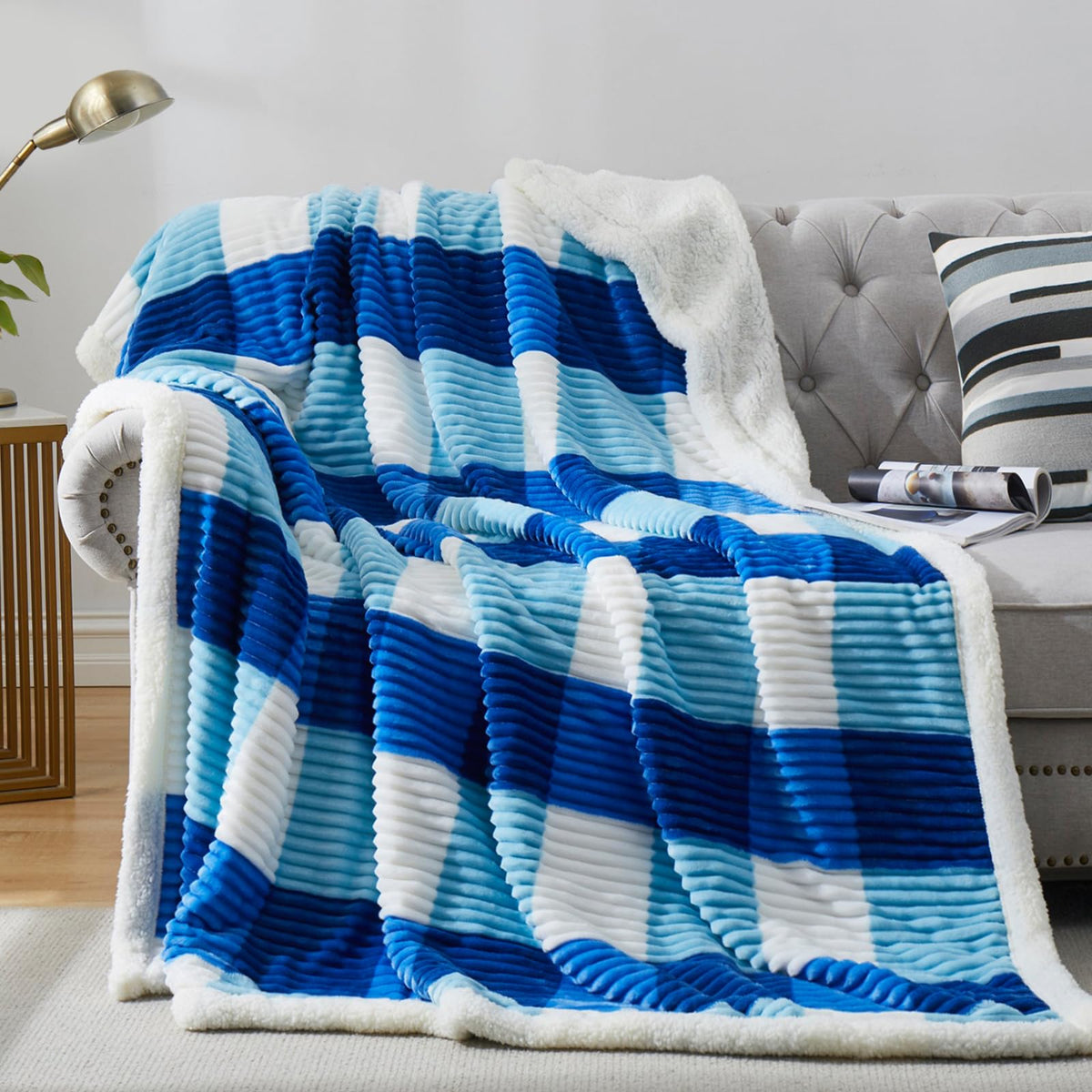PU MEI Sherpa Fleece Throw Blanket 60" x 80" Reversible Plush Fluffy Large Big Blanket Lattice Flannel Blankets for Sofa Couch Bed (Grey-Soft Blue, 60"*80")
