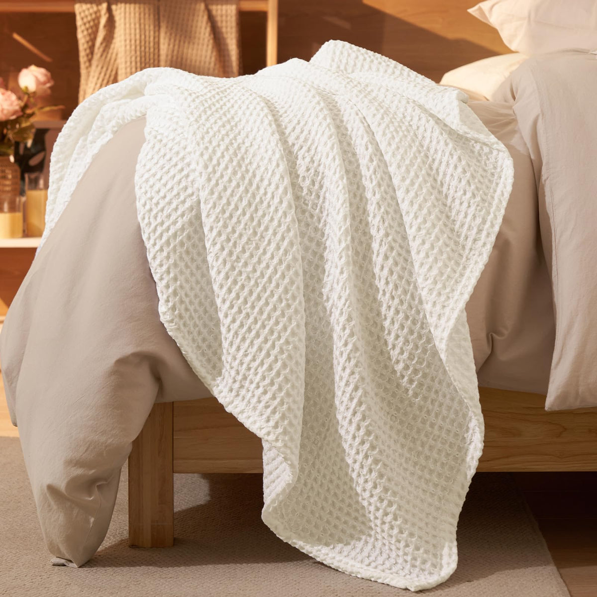 PHF Ultra Soft Waffle Weave Blanket for Bed, Queen Size, Light Khaki/Linen