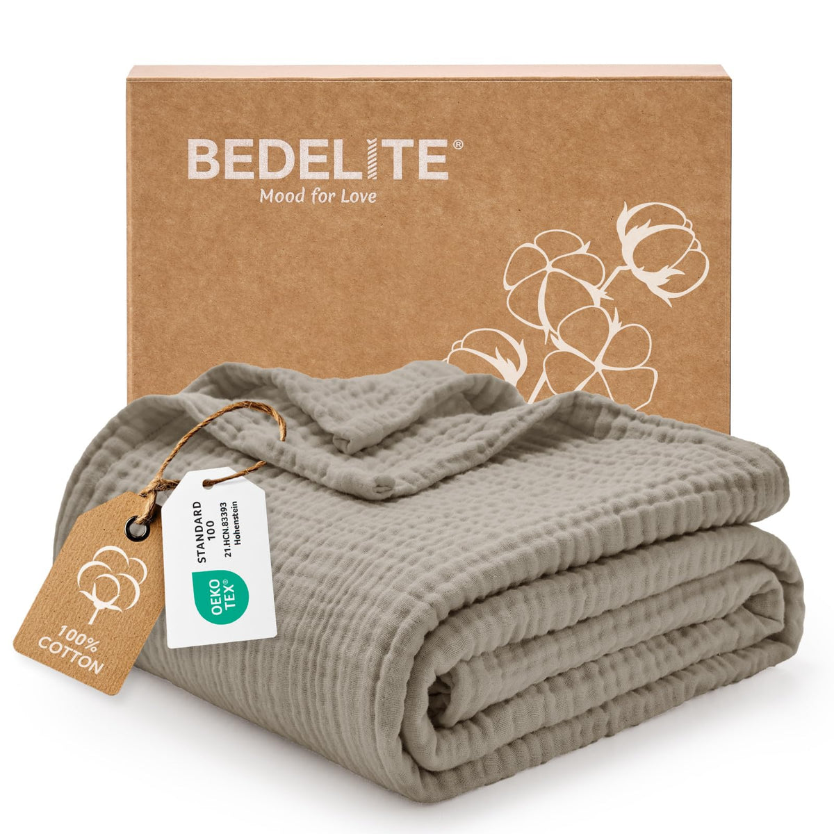 BEDELITE 100% Cotton Muslin Blanket for Adults, Breathable, White, 50"x70"