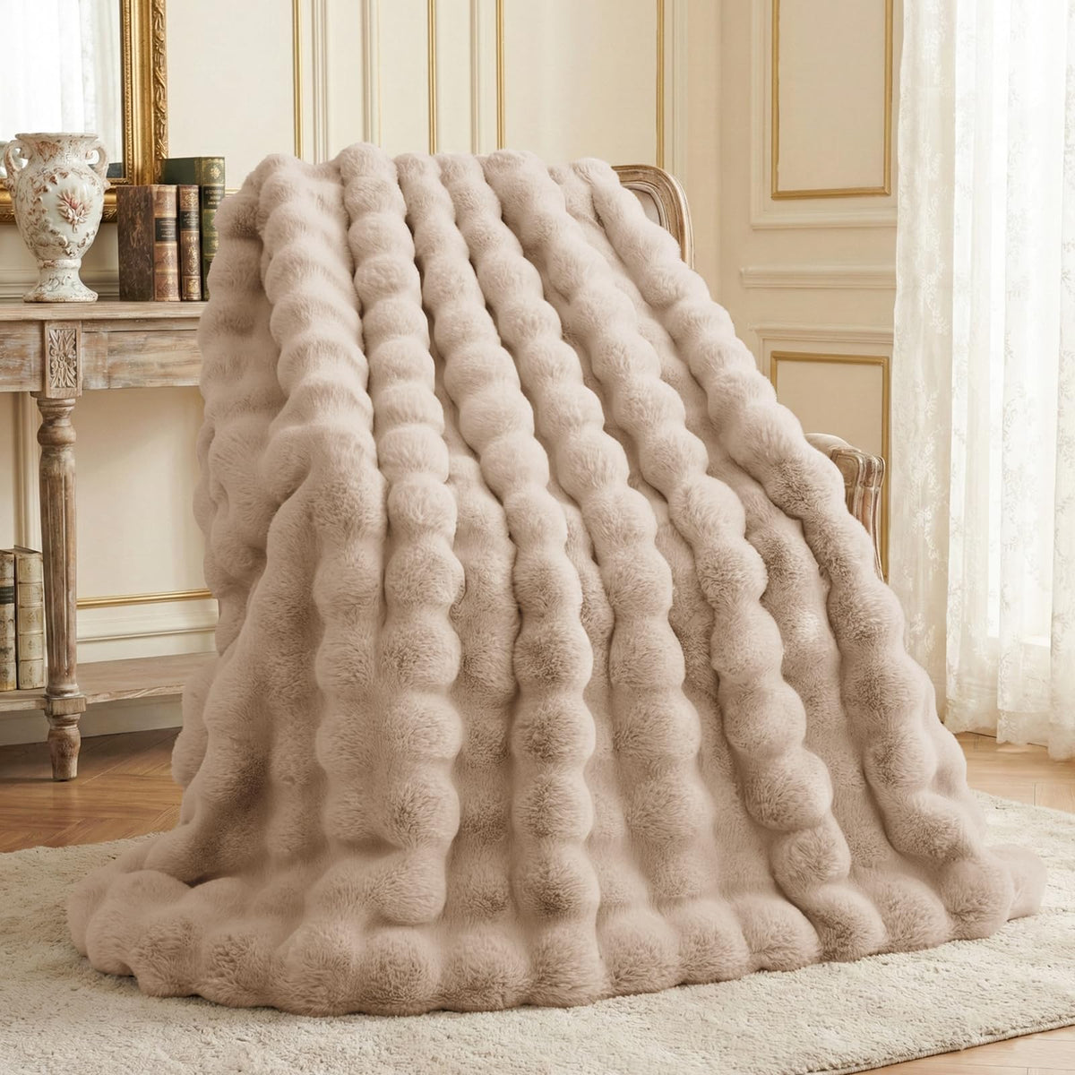 L'AGRATY Faux Rabbit Fur Throw Blanket for Couch, 50'' x 60'', Cocoa Brown
