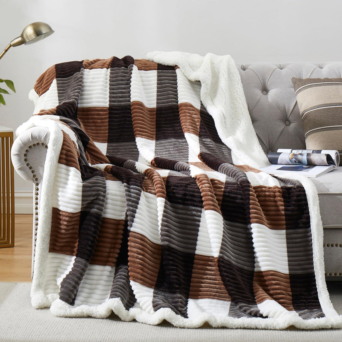 PU MEI Sherpa Fleece Throw Blanket 60" x 80" Reversible Plush Fluffy Large Big Blanket Lattice Flannel Blankets for Sofa Couch Bed (Grey-Soft Blue, 60"*80")