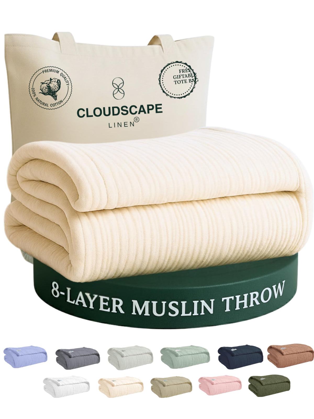 CLOUDSCAPE 8 Layer Muslin Blanket Queen Size, Gauze, Cotton 92"x92" - Ivory