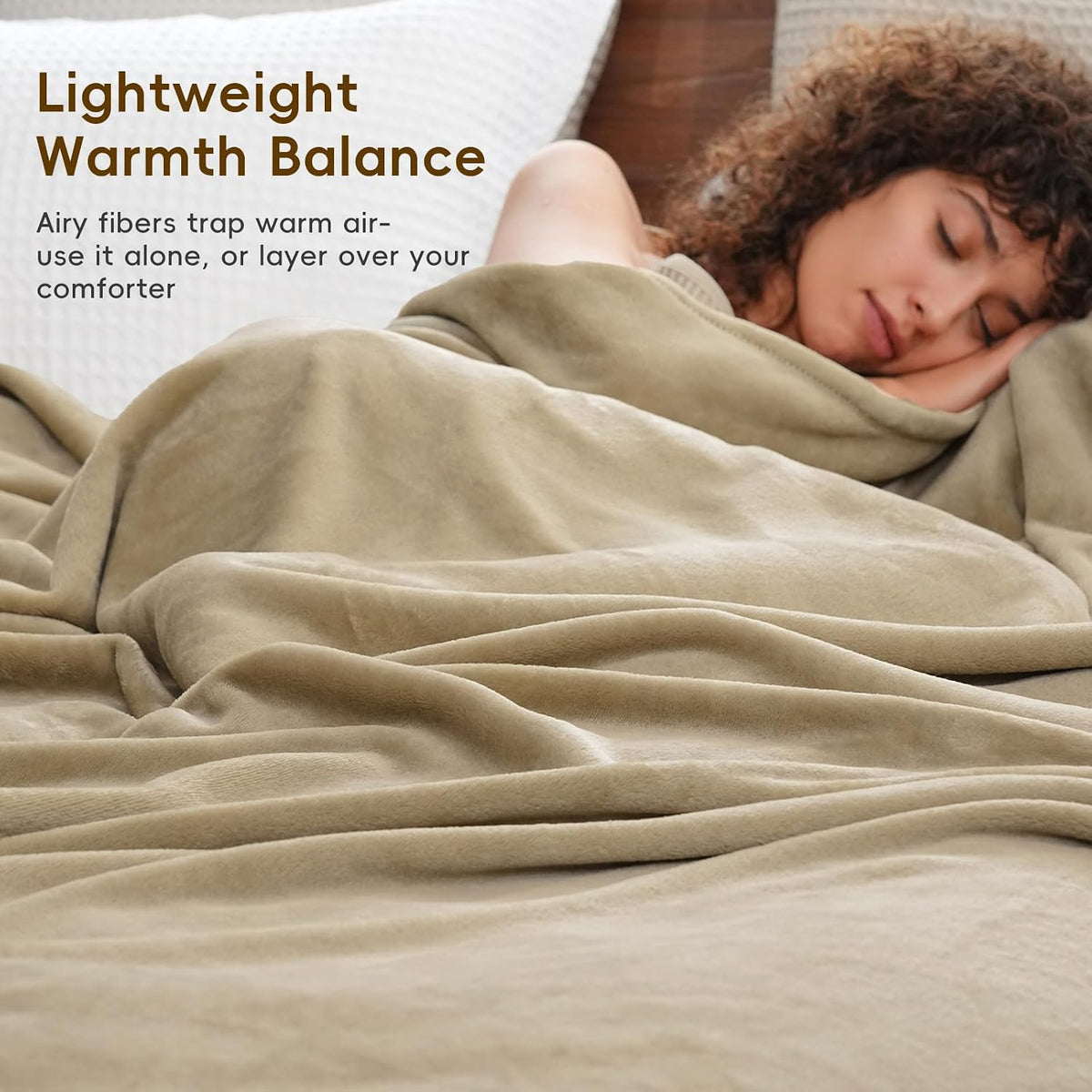 PHF Fleece Blanket Queen Size 90x90-300GSM Lightweight Airy Warmth, Khaki