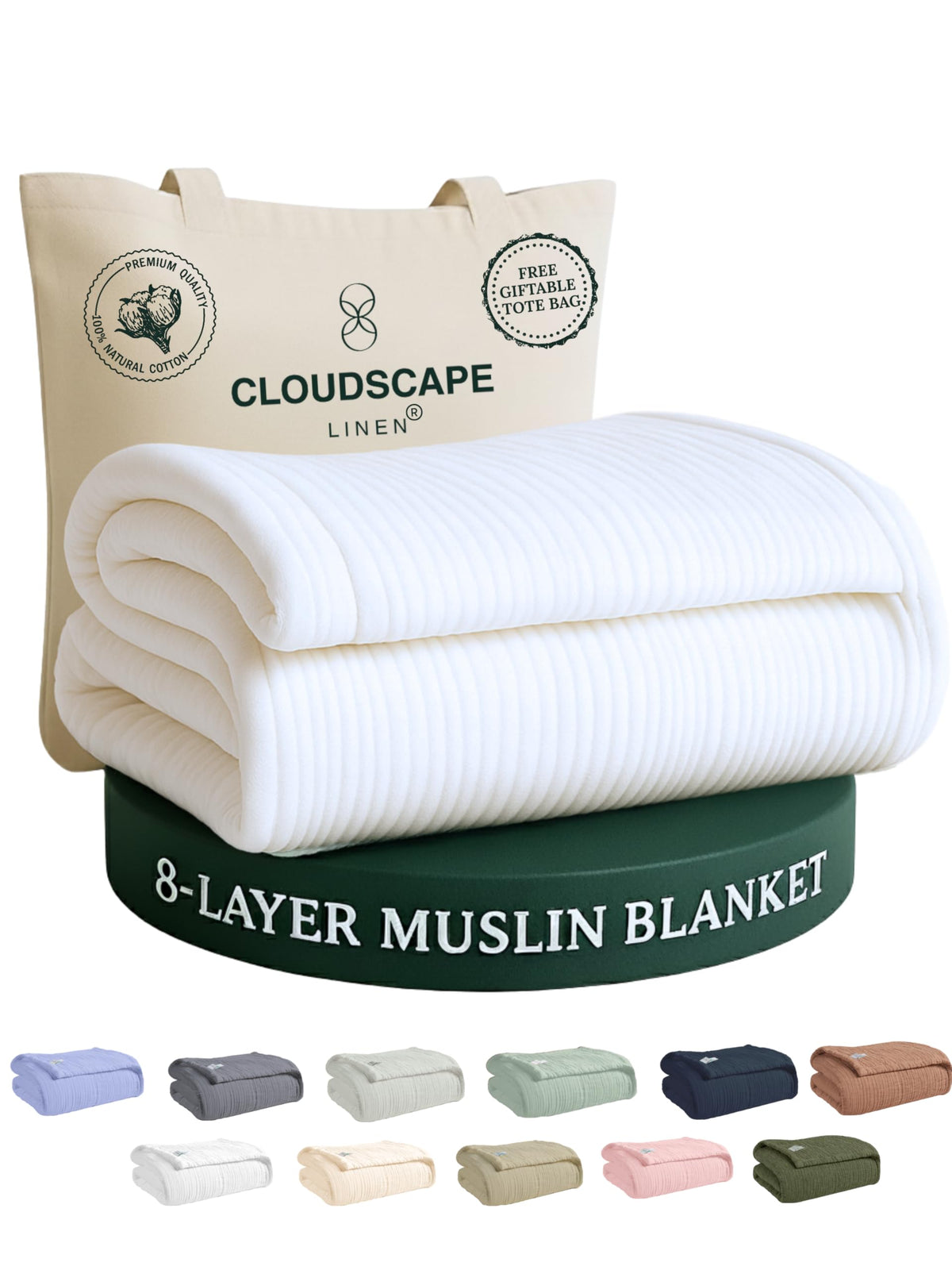 CLOUDSCAPE 8 Layer Muslin Blanket Queen Size, Gauze, Cotton 92"x92" - Ivory