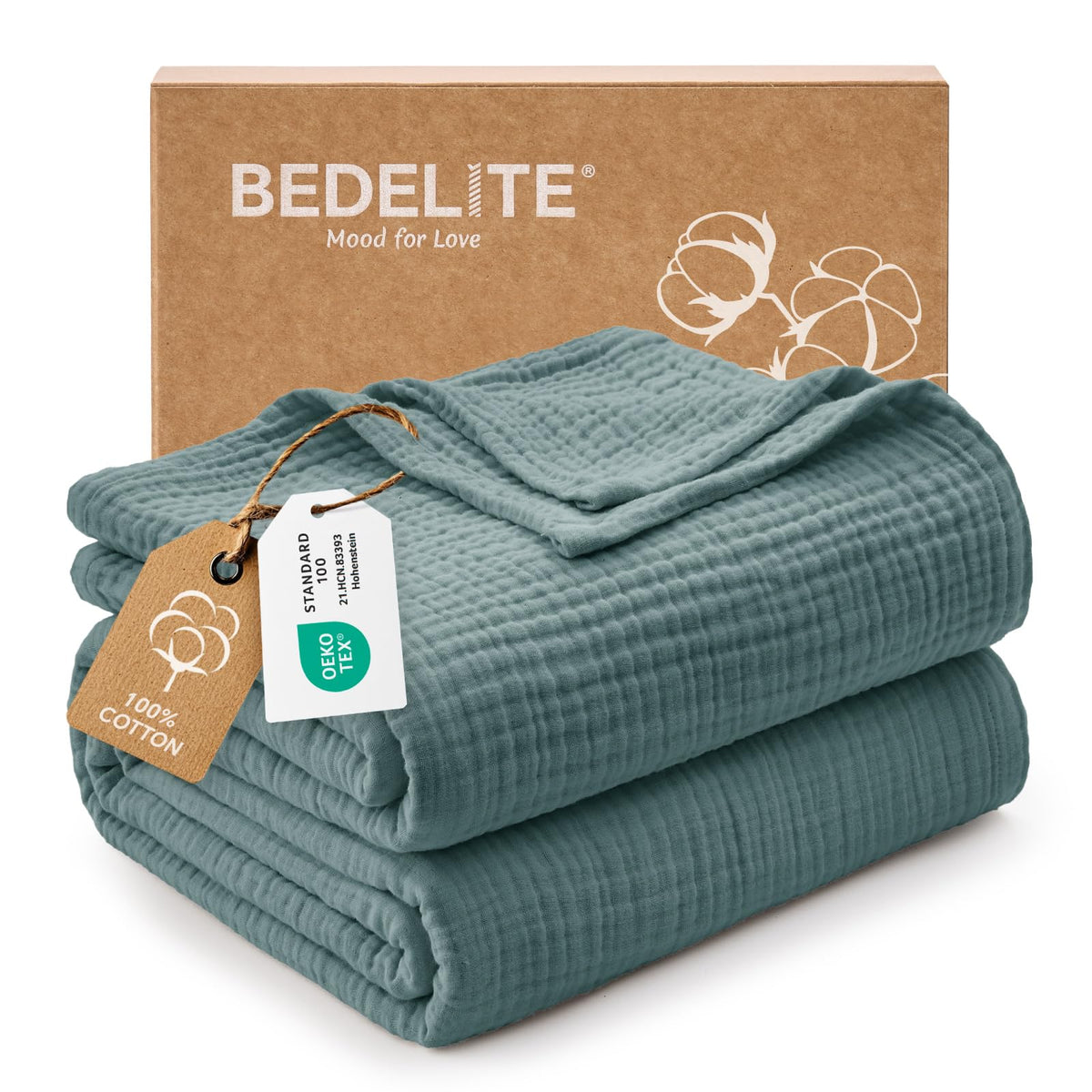 BEDELITE 100% Cotton Muslin Blanket for Adults, Breathable, White, 50"x70"