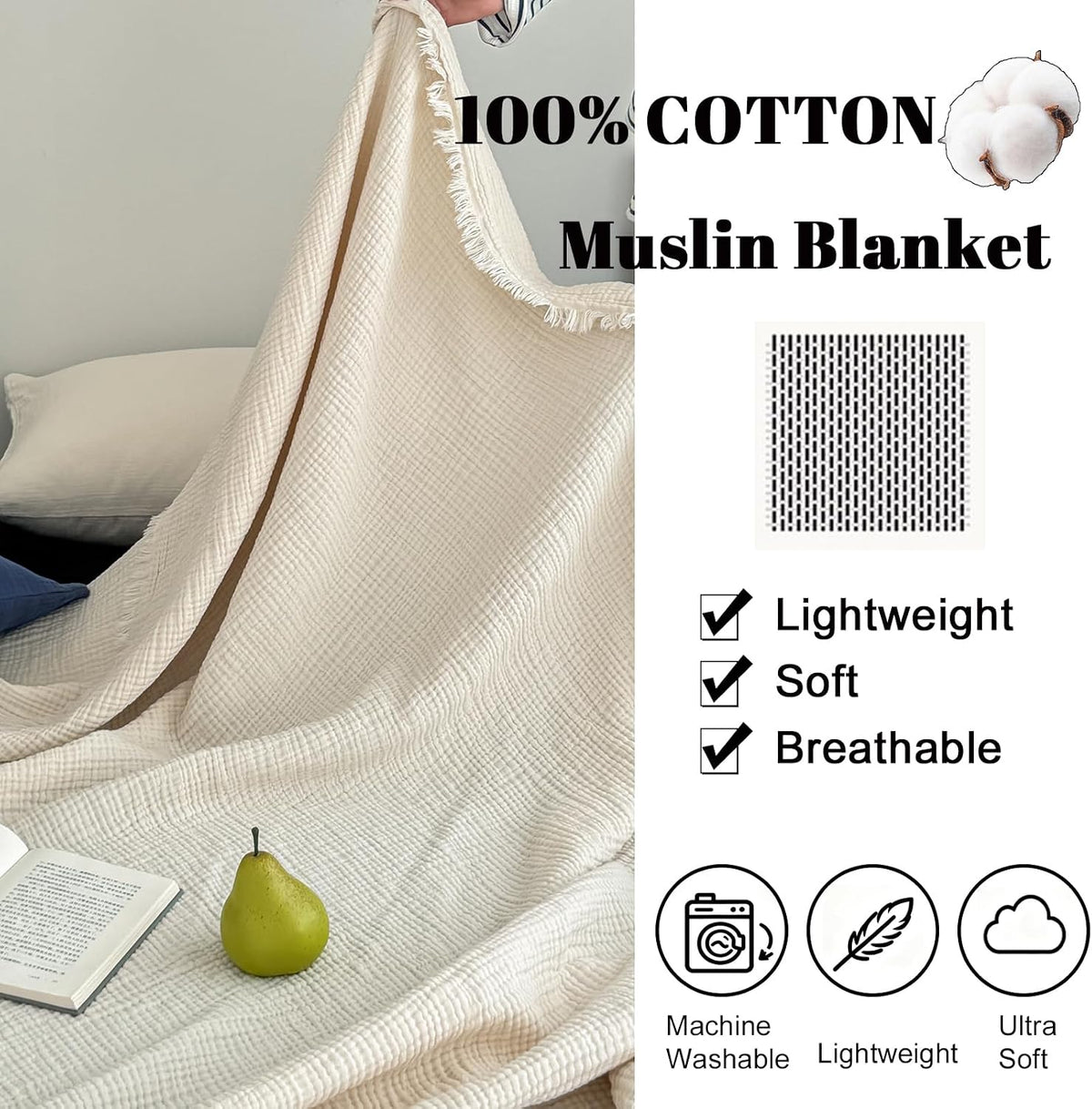 MorroMorn 100% Cotton Muslin Throw Blanket with Fringes 50"x60", 4-Layer Cotton Gauze Blankets for Adults, Boho Bedding Breathable Lightweight Ultra-Soft for Couch Bed Sofa All Seasons, Linen Beige